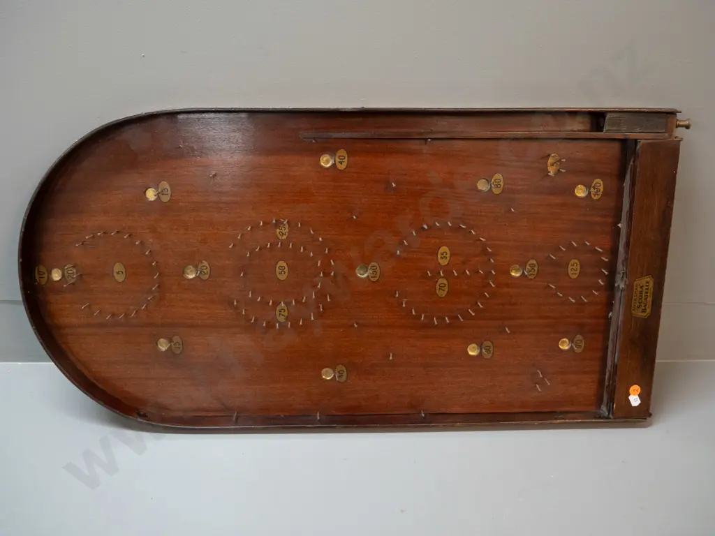 vintage Amersham Scora bagatelle game with brass fittings, incl. glass marbles L-750 W-390 - some decals worn Image 1++