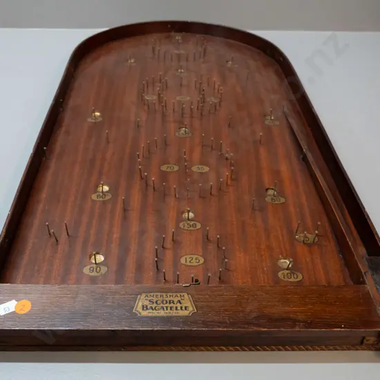 vintage Amersham Scora bagatelle game with brass fittings, incl. glass marbles L-750 W-390 - some decals worn