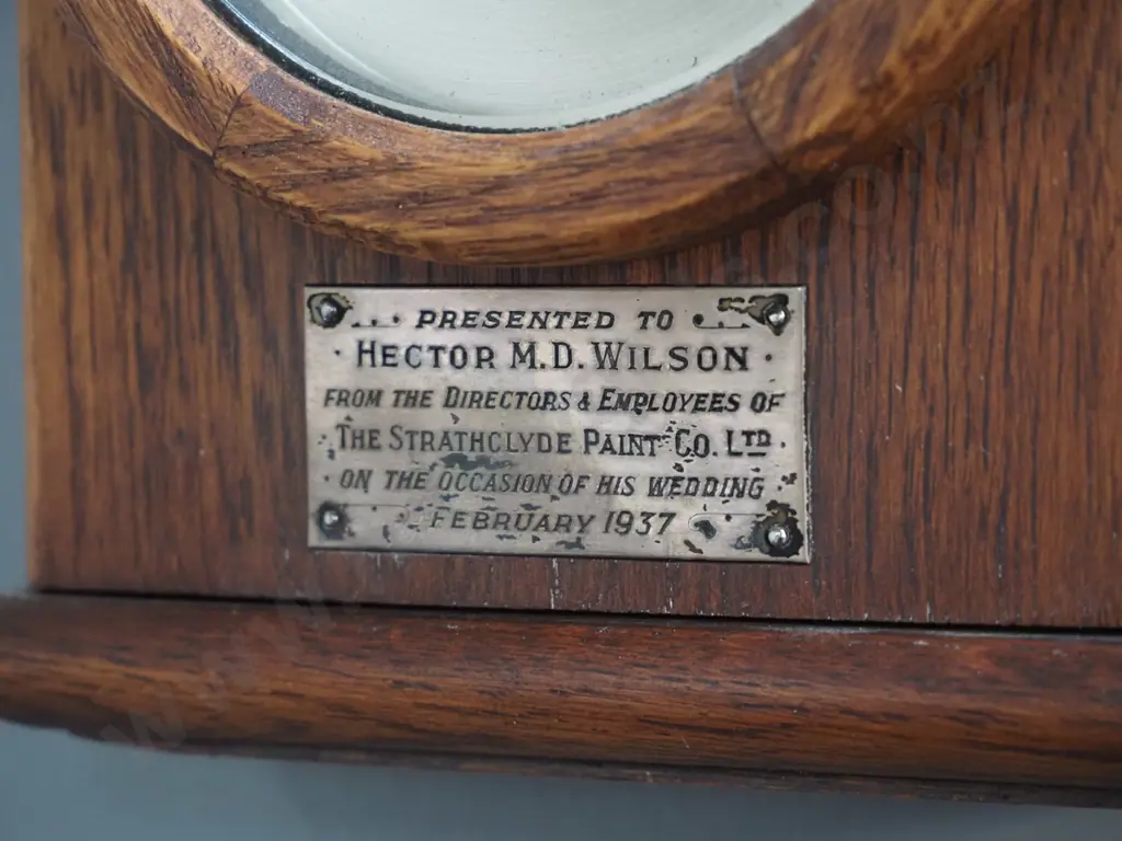 timber cased wall barometer-thermometer - marked British Made - with 1937 wedding presentation plaque H370 W180 D65 Image 1++