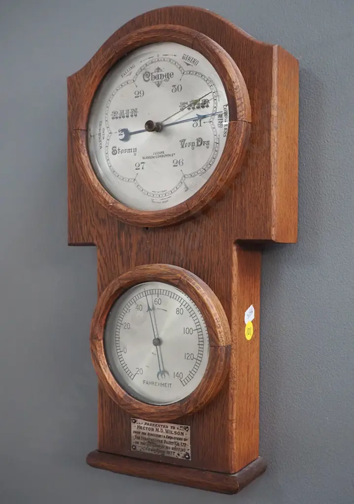 timber cased wall barometer-thermometer - marked British Made - with 1937 wedding presentation plaque H370 W180 D65 Image 1++