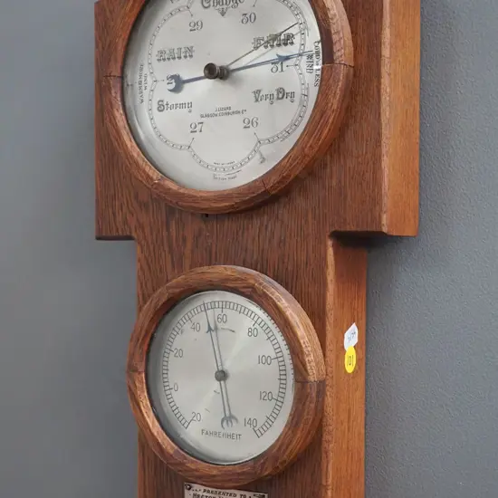 timber cased wall barometer-thermometer - marked British Made - with 1937 wedding presentation plaque H370 W180 D65