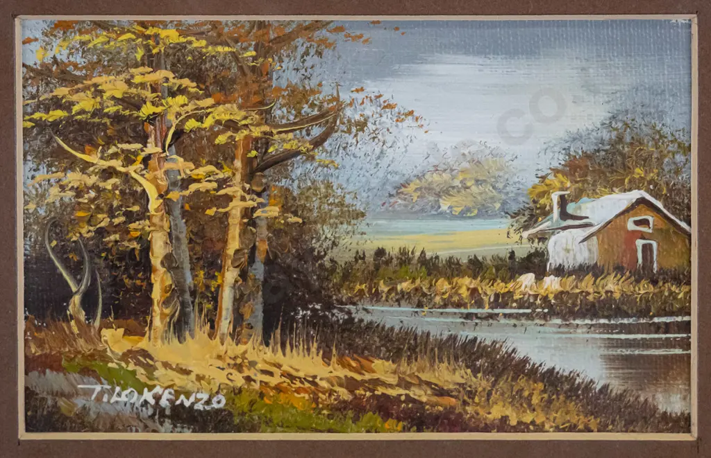 T Lokenzo - framed oil - house by stream - H-90 W-130 Image 1++