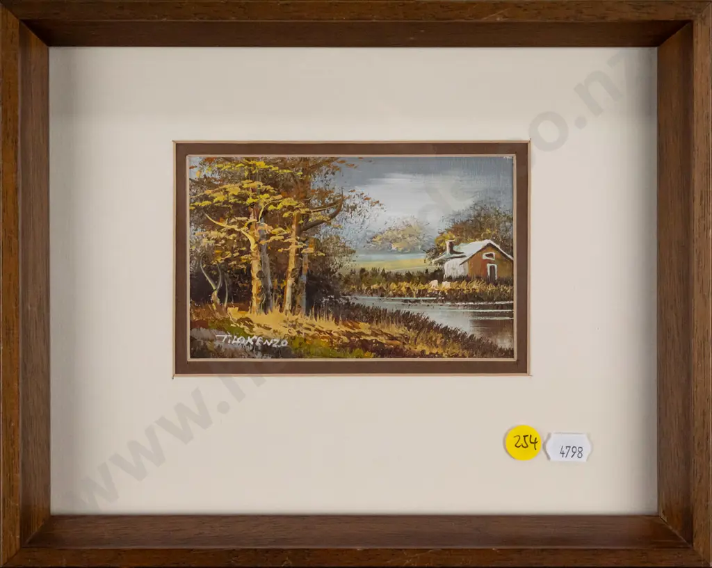 T Lokenzo - framed oil - house by stream - H-90 W-130 Image 1++
