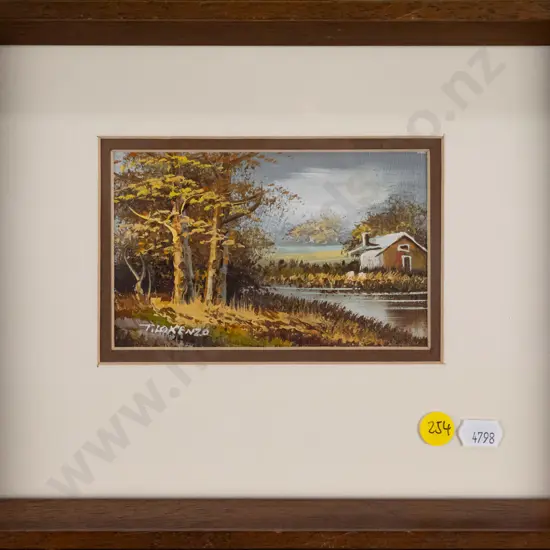 T Lokenzo - framed oil - house by stream - H-90 W-130