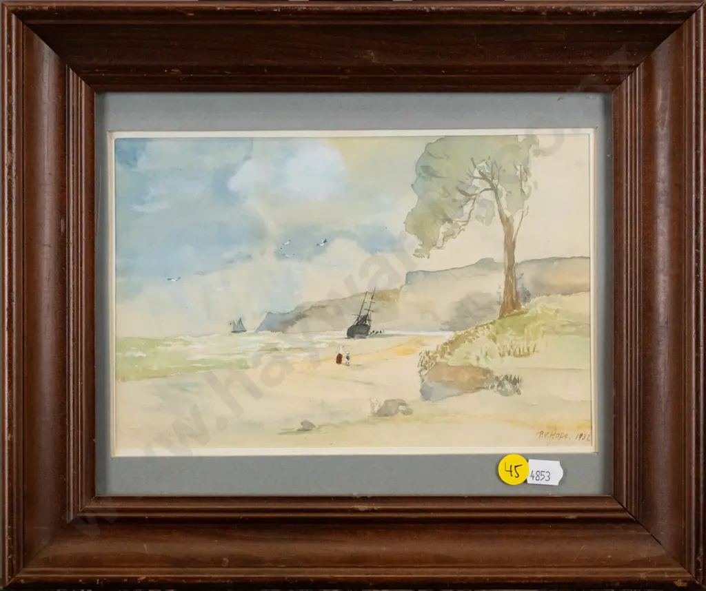 PB Hope 1932 - framed watercolour - coastal scene - H-140 W-210 Image 1++