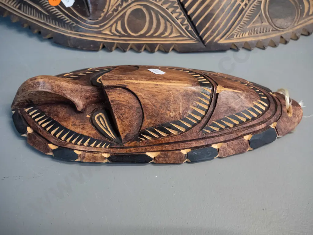 2 carved timber decorative wall masks - one bird motif with shell inset eyes H-480 W-170 Image 1++