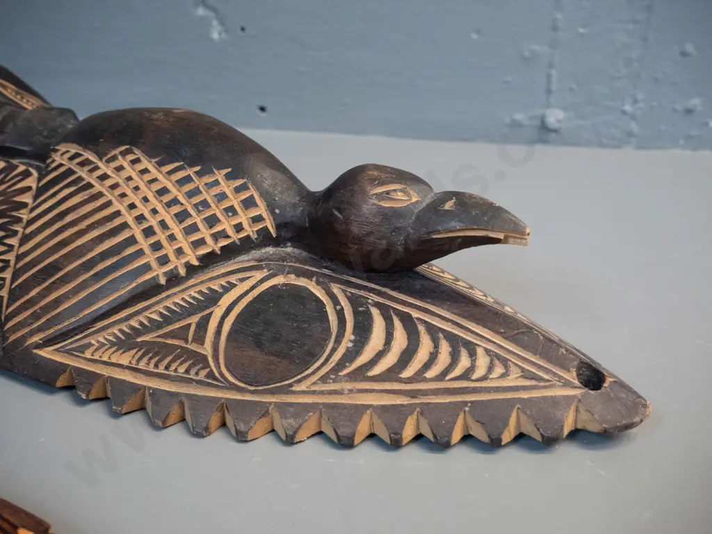 2 carved timber decorative wall masks - one bird motif with shell inset eyes H-480 W-170 Image 1++