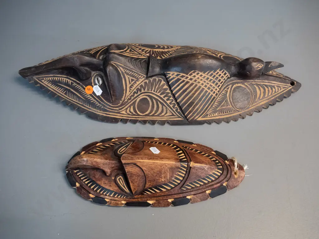 2 carved timber decorative wall masks - one bird motif with shell inset eyes H-480 W-170 Image 1++