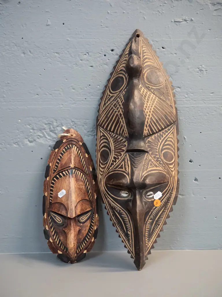2 carved timber decorative wall masks - one bird motif with shell inset eyes H-480 W-170 Image 1++