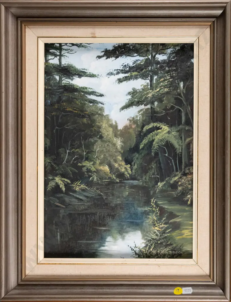 B Newbrook - framed oil - tree & river scene - H-330 W-240 Image 1++