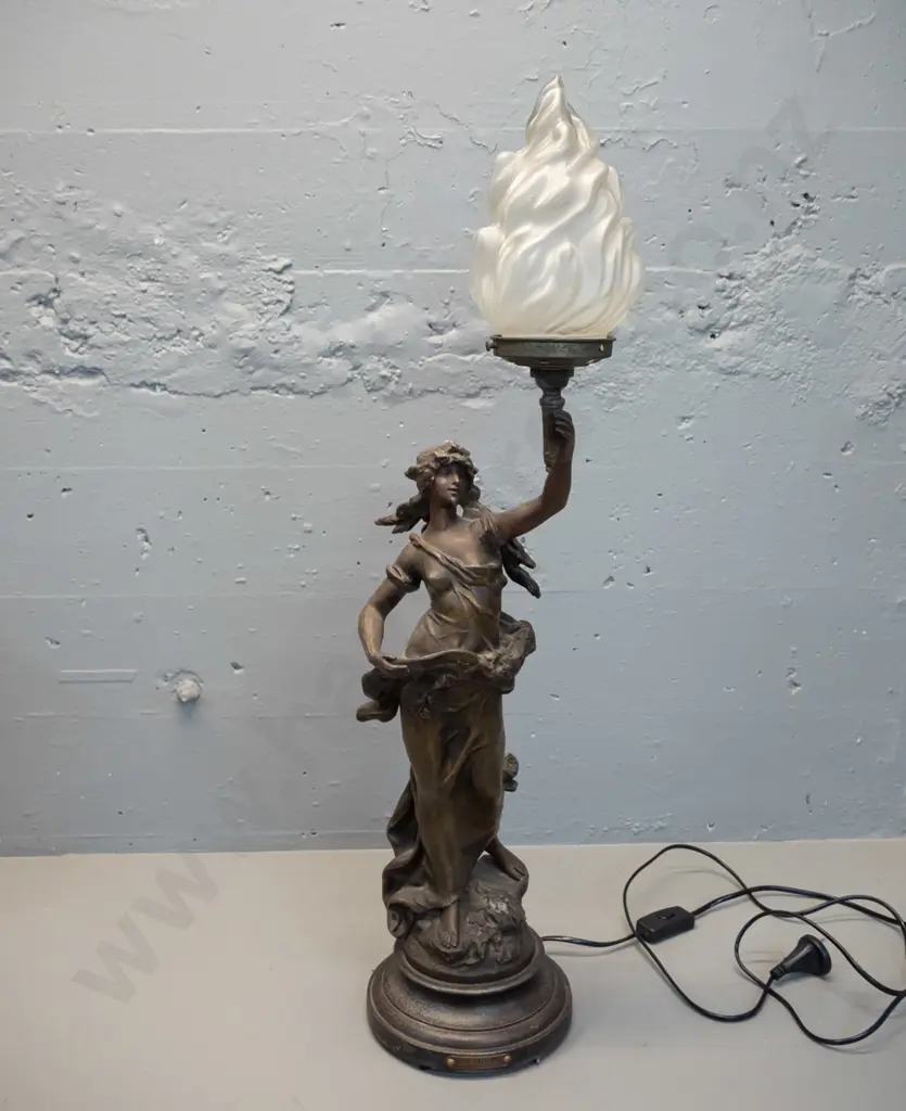 cast metal figural lamp with frosted flame shaped shade - Brise d'Automne / A. Moreau plaque H-790 - missing a screw to Image 1++