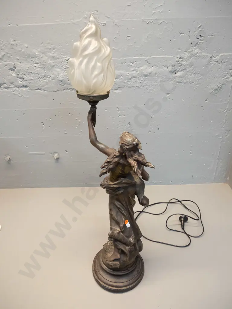 cast metal figural lamp with frosted flame shaped shade - Brise d'Automne / A. Moreau plaque H-790 - missing a screw to Image 1++