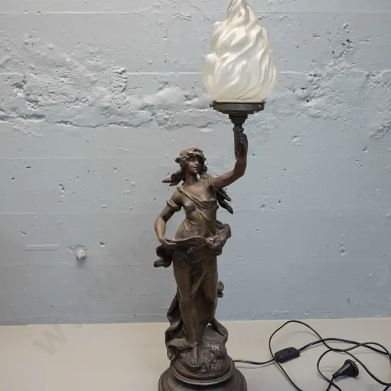 cast metal figural lamp with frosted flame shaped shade - Brise d'Automne / A. Moreau plaque H-790 - missing a screw to