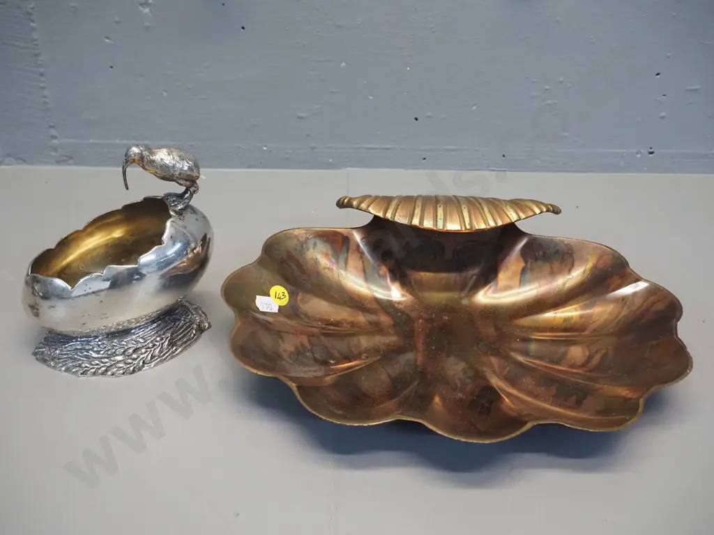 vintage plated kiwi and egg themed sugar bowl marked EPBM H-150 and a copper and brass finish shell shape serving dish Image 1++