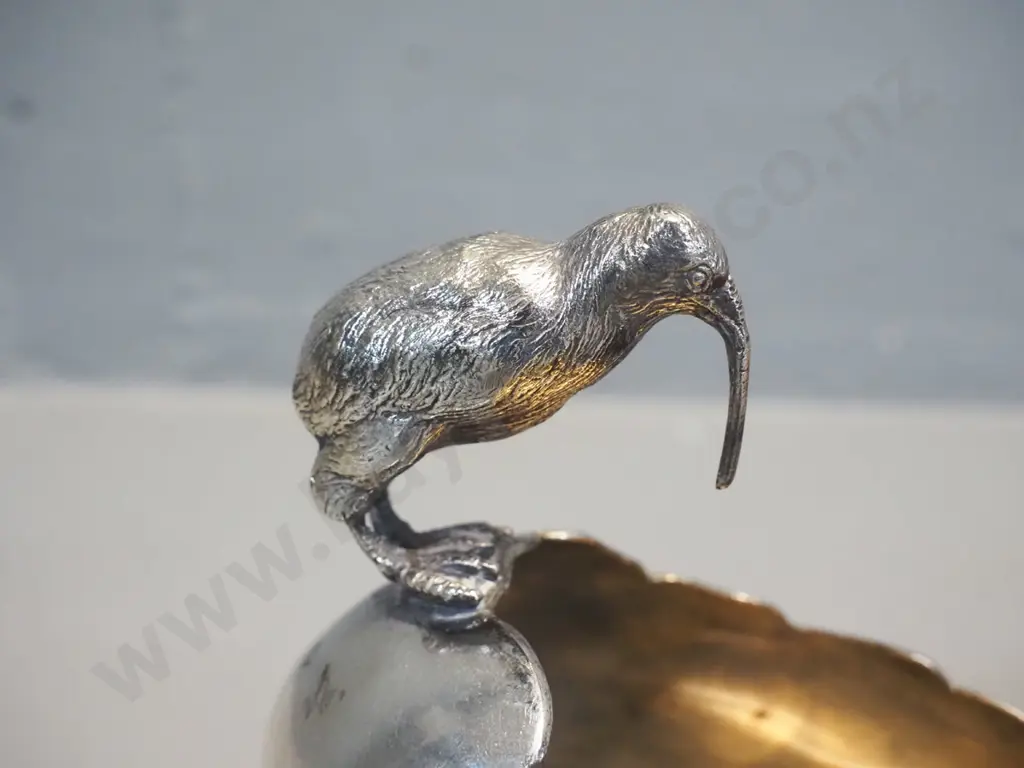 vintage plated kiwi and egg themed sugar bowl marked EPBM H-150 and a copper and brass finish shell shape serving dish Image 1++