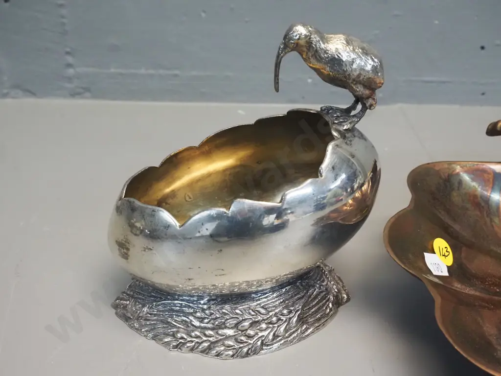 vintage plated kiwi and egg themed sugar bowl marked EPBM H-150 and a copper and brass finish shell shape serving dish Image 1++