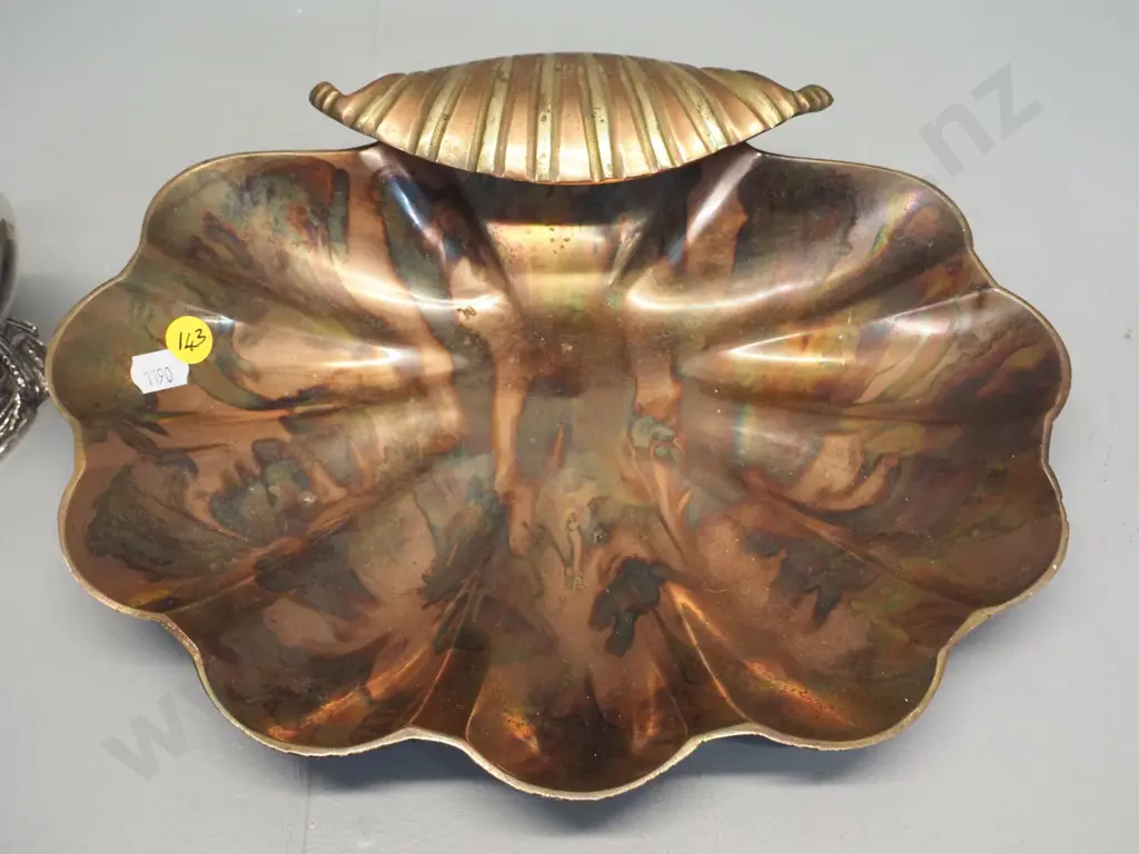 vintage plated kiwi and egg themed sugar bowl marked EPBM H-150 and a copper and brass finish shell shape serving dish Image 1++