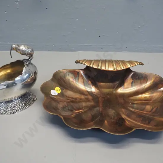 vintage plated kiwi and egg themed sugar bowl marked EPBM H-150 and a copper and brass finish shell shape serving dish