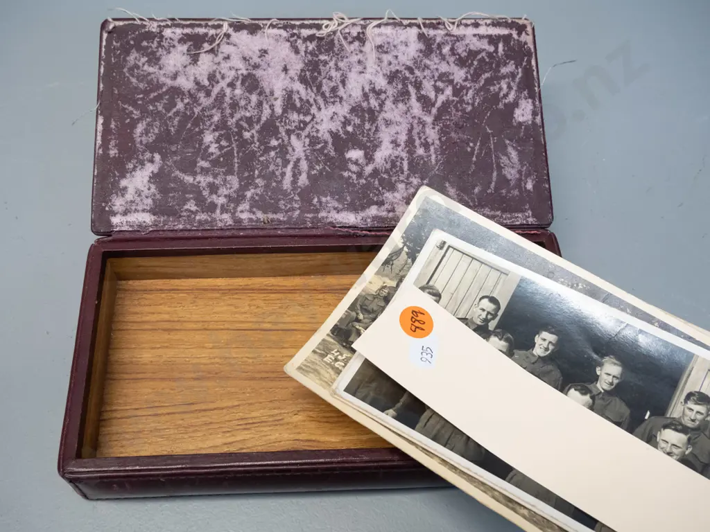 small leather-covered timber cigarette box with assorted New Zealand WWII era military group and portrait photos, most Image 1++