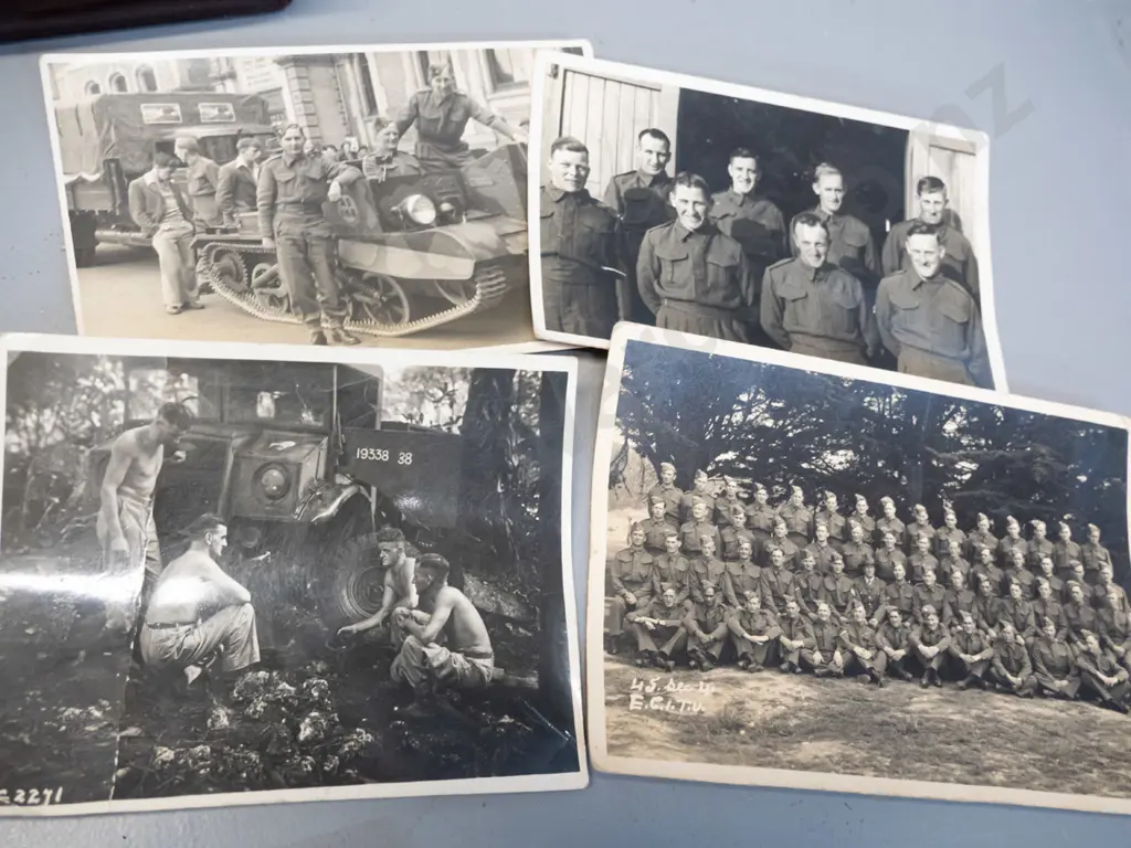 small leather-covered timber cigarette box with assorted New Zealand WWII era military group and portrait photos, most Image 1++