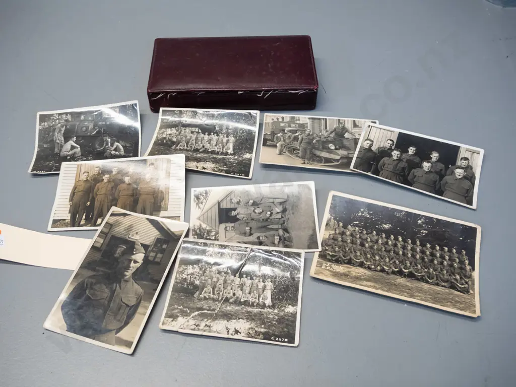 small leather-covered timber cigarette box with assorted New Zealand WWII era military group and portrait photos, most Image 1++