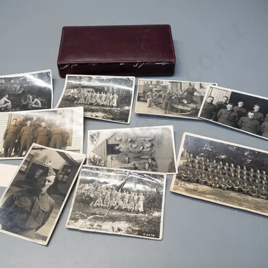 small leather-covered timber cigarette box with assorted New Zealand WWII era military group and portrait photos, most