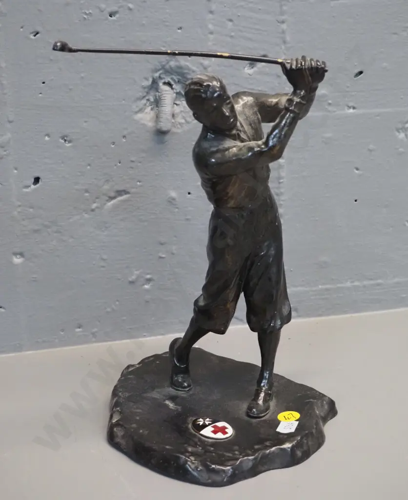 cast metal golfer figure with St John's / Red Cross enamel inset badge on base - some paint loss on club H-250 W-150 Image 1++