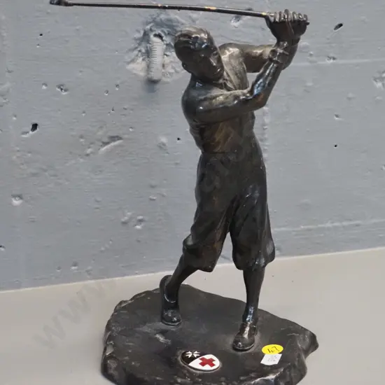 cast metal golfer figure with St John's / Red Cross enamel inset badge on base - some paint loss on club H-250 W-150