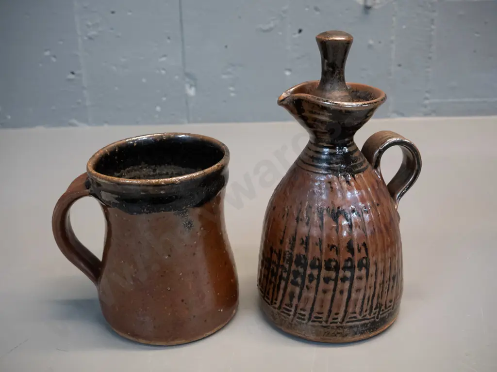 2 NZ studio pottery items - stoppered sauce jug & large mug - jug attrib. Peter Stichbury, mug attrib. Barry Brickell, Image 1++