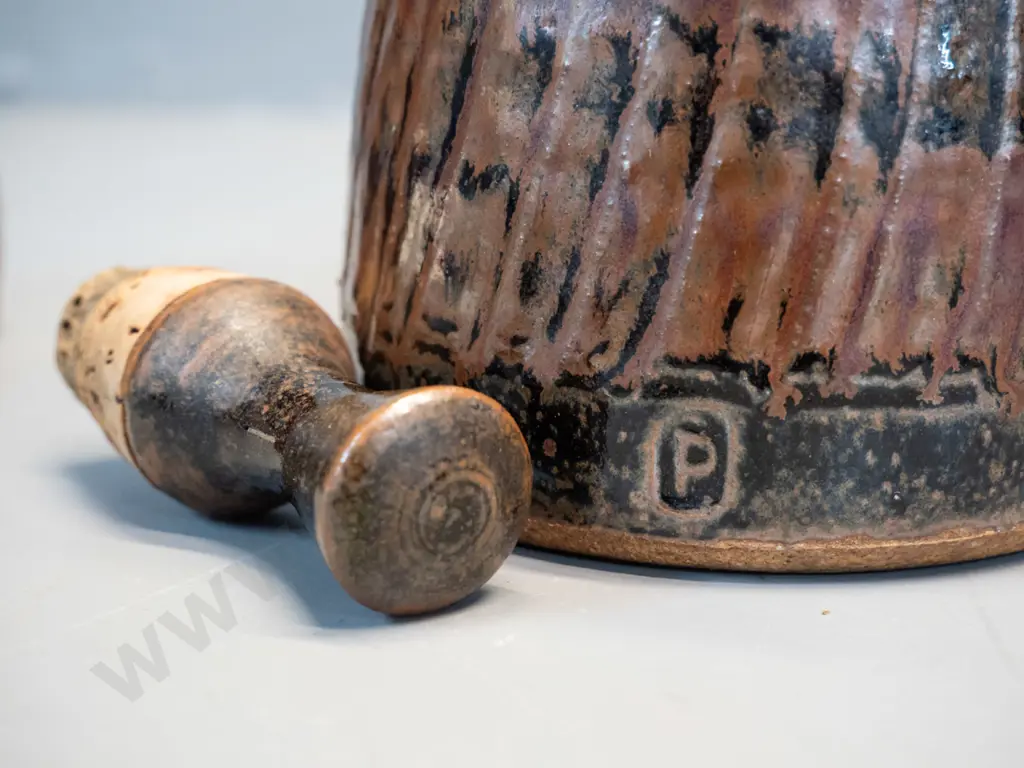 2 NZ studio pottery items - stoppered sauce jug & large mug - jug attrib. Peter Stichbury, mug attrib. Barry Brickell, Image 1++