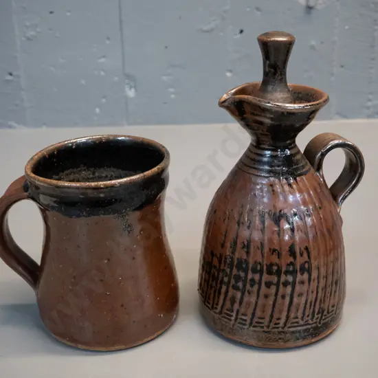2 NZ studio pottery items - stoppered sauce jug & large mug - jug attrib. Peter Stichbury, mug attrib. Barry Brickell,