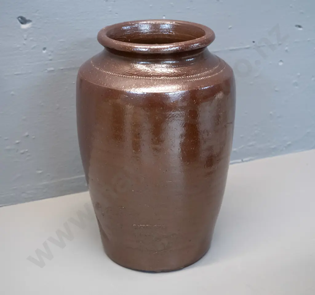 salt-glazed stoneware urn with impressed band, marked Webster Prescot H-250 Image 1++