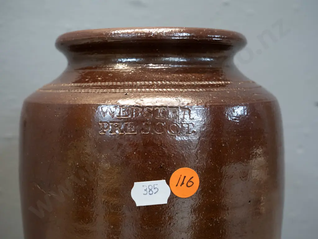 salt-glazed stoneware urn with impressed band, marked Webster Prescot H-250 Image 1++