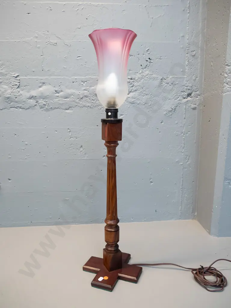 timber table lamp with small frosted clear to pink up-light shade H-720 Image 1++