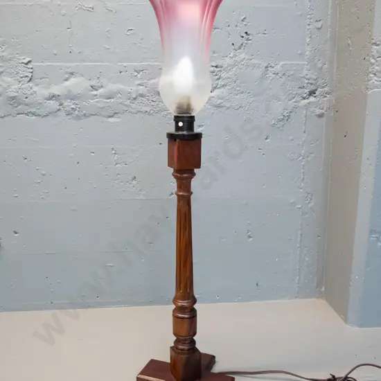 timber table lamp with small frosted clear to pink up-light shade H-720