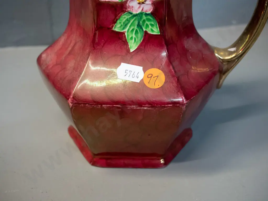 Maling red thumbprint floral jug - some rubbing to glaze H-200 W-185 at handle Image 1++