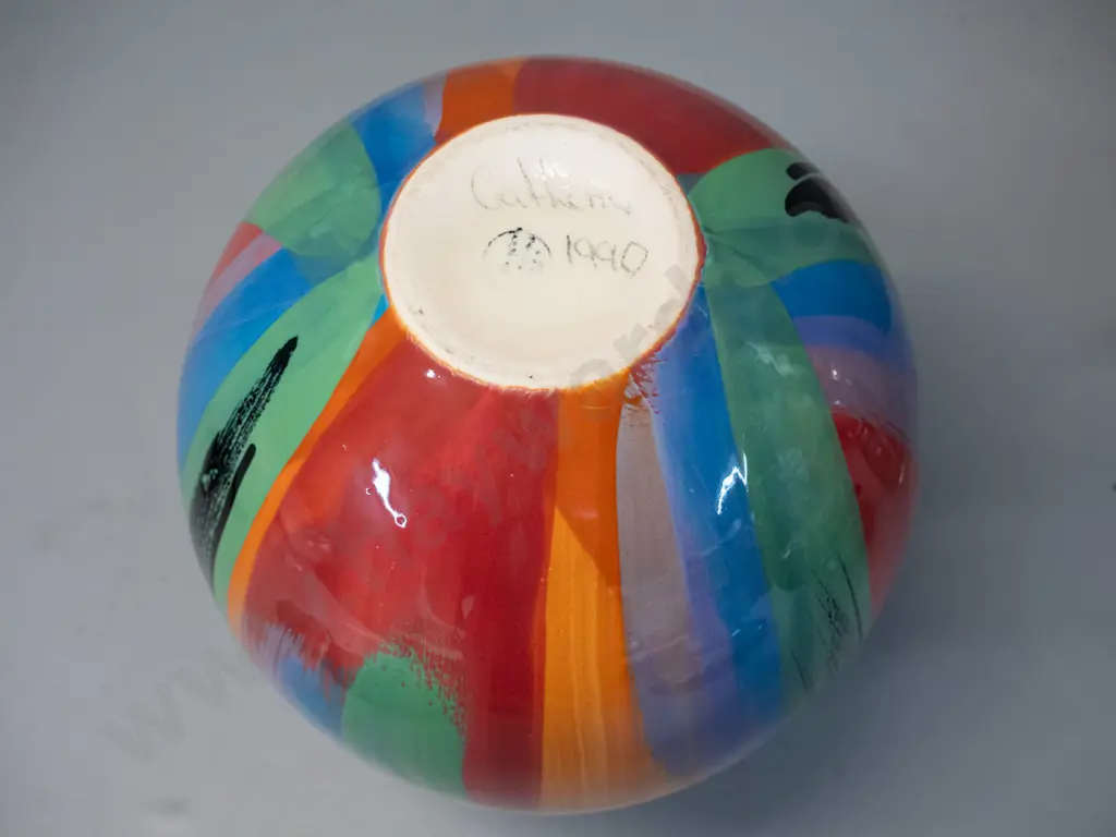 2 studio pottery items - Catherine Anselmi vase H-220 and a kiwi themed plated marked "PH" D-250 Image 1++