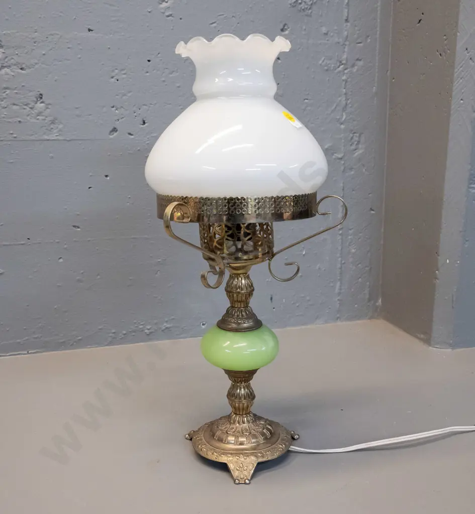 retro cast metal & green alabaster based table lamp with milk glass frilled shade H-400 Image 1++