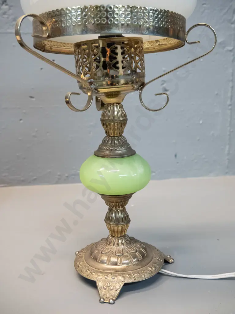 retro cast metal & green alabaster based table lamp with milk glass frilled shade H-400 Image 1++