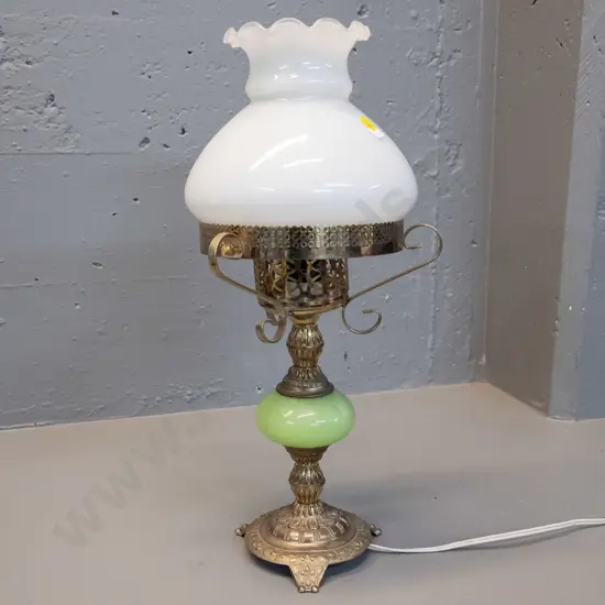 retro cast metal & green alabaster based table lamp with milk glass frilled shade H-400