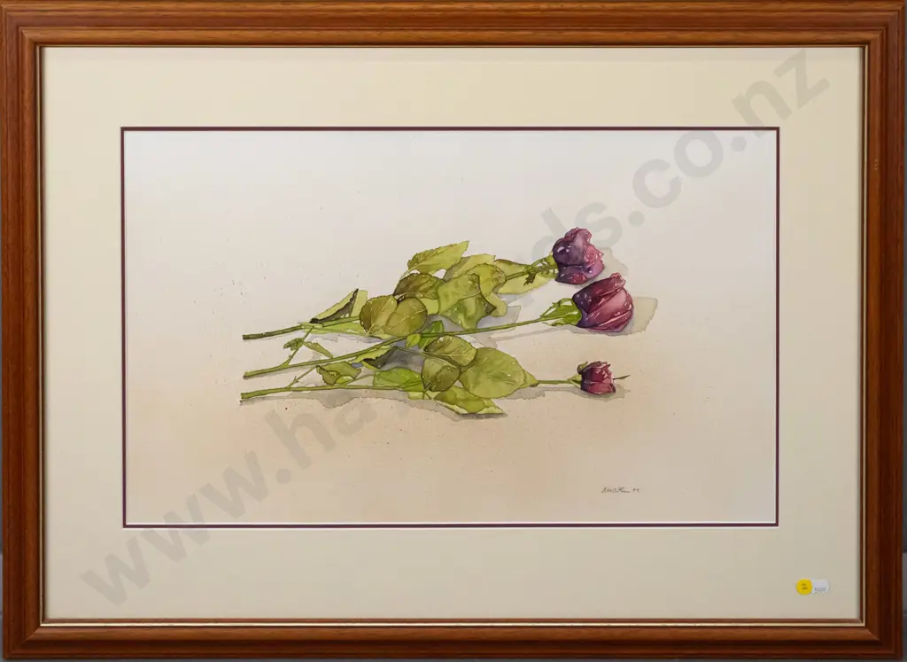 illegible signature 99 -framed watercolour - roses H-350 W-580 Image 1++