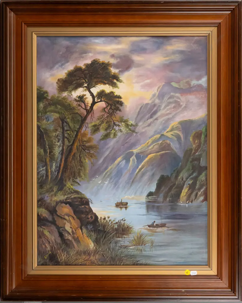 K Smith? - framed oil on canvas- lake & mountain scene H-600 W-440 Image 1++
