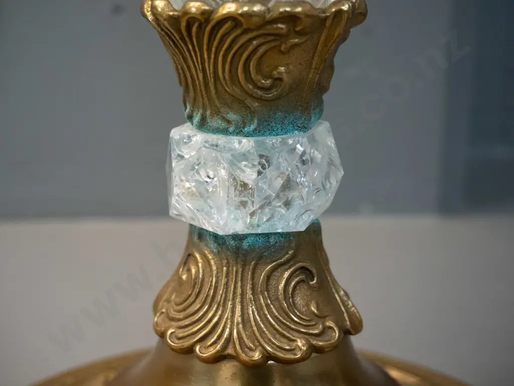 brass and cut crystal table lamp with gold corded velvet shade. Some discolouration to brass, cracks to small crystal Image 1++