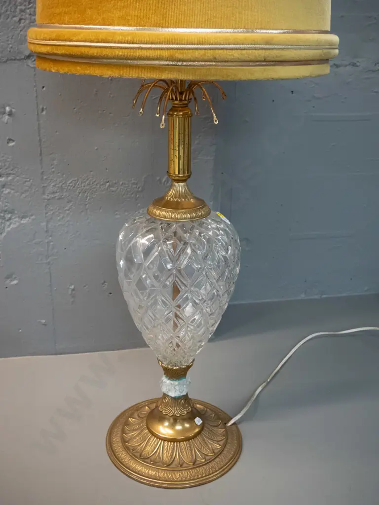 brass and cut crystal table lamp with gold corded velvet shade. Some discolouration to brass, cracks to small crystal Image 1++
