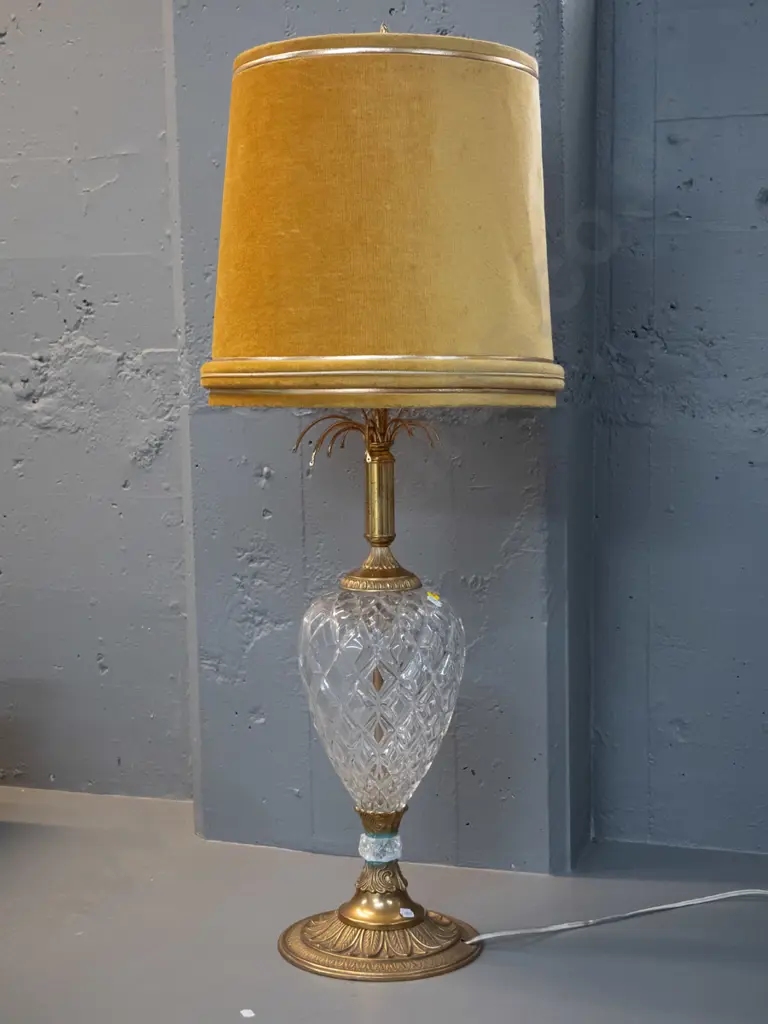 brass and cut crystal table lamp with gold corded velvet shade. Some discolouration to brass, cracks to small crystal Image 1++