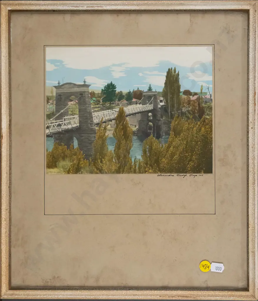 framed vintage hand coloured photograph old Alexandra Bridge - extensive foxing H-160 W-210 Image 1++