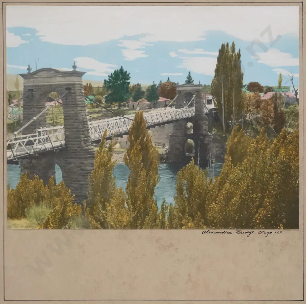 framed vintage hand coloured photograph old Alexandra Bridge - extensive foxing H-160 W-210 Image 1++