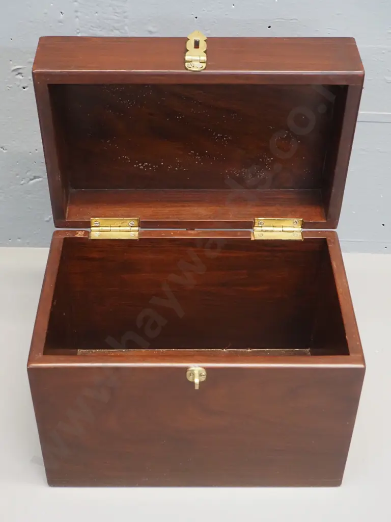 lidded timber (Rosewood?) box with brass hinge, handles and catch, Indian style brass inlay design on top - some pitting Image 1++