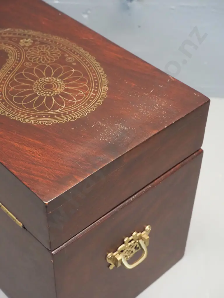 lidded timber (Rosewood?) box with brass hinge, handles and catch, Indian style brass inlay design on top - some pitting Image 1++