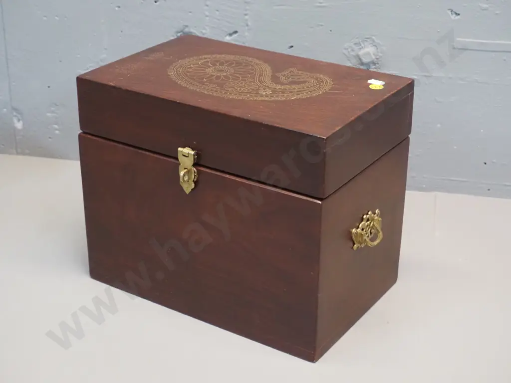 lidded timber (Rosewood?) box with brass hinge, handles and catch, Indian style brass inlay design on top - some pitting Image 1++